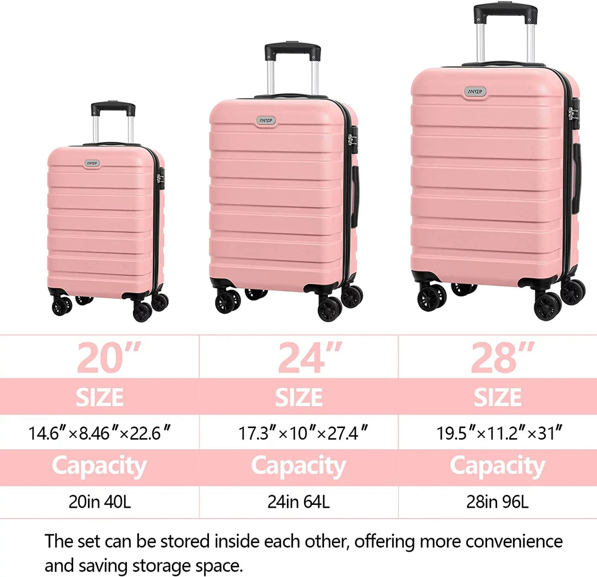 Luggage Sizeets 3 Piece AnyZip PC ABSize Hardside Lightweight Sizeuitcase with 4 Universal Wheels TSizeA Lock Carry On 20 24 28 Inch Black