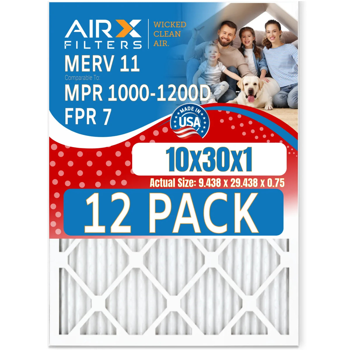 10x30x1 Air Filter MERV 11 Rating, 12 Pack of Furnace Filters Comparable to MPR 1000, MPR 1200 & FPR 7 - Made in USizeA by AIRX FILTERSize WICKED CLEAN AIR.