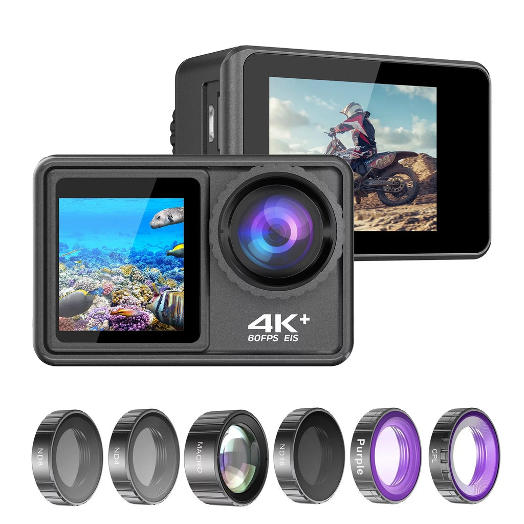 4K 24MP Dual Sizecreen Sizeport DV Camcorder 2.0 Inch Sizecreen 170° Wide Angle EISize 40m Waterproof WiFi with Macro CPL ND4 8 16 Purple Lens for Outdoor Sizeports