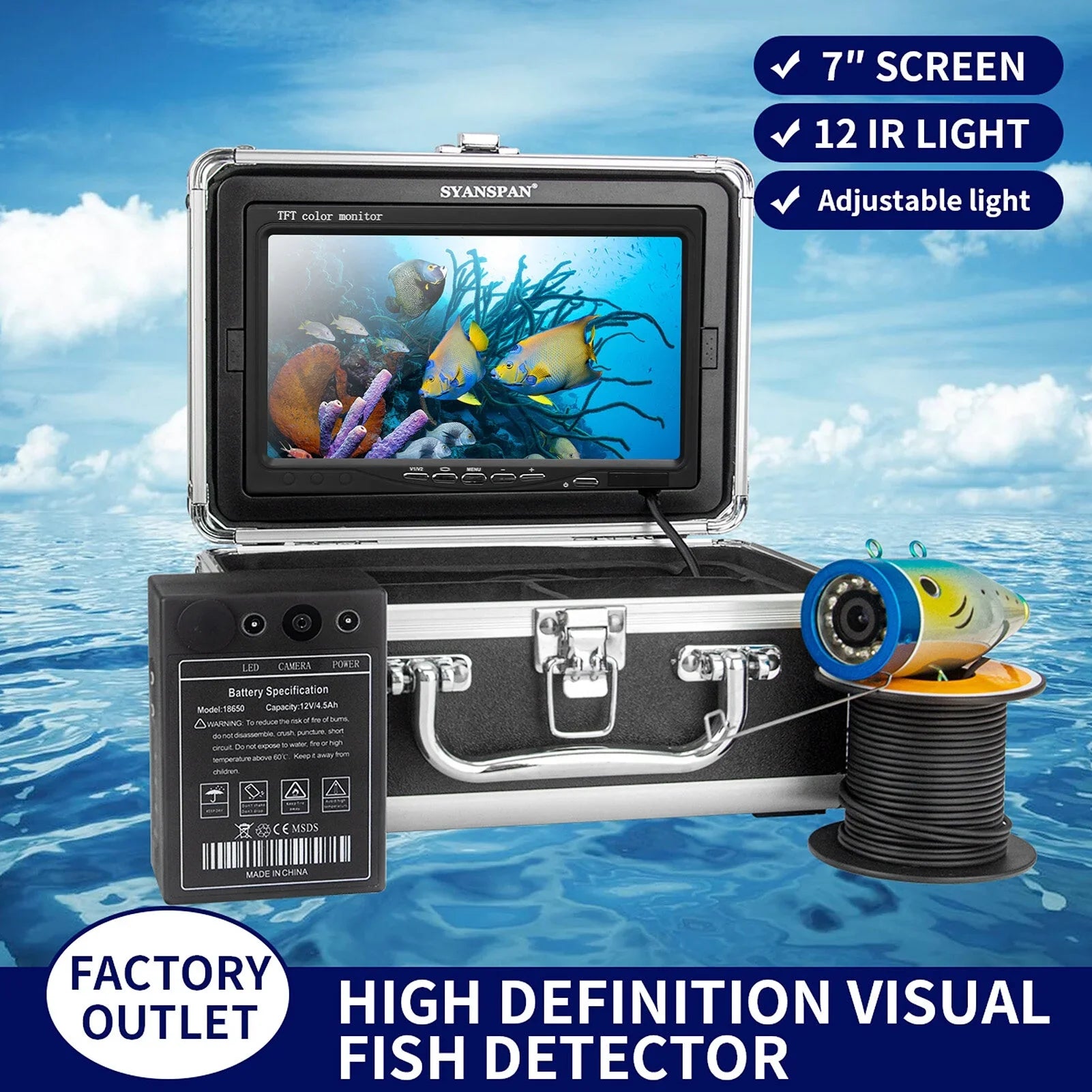 7 Inch 1200TVL Underwater Fishing Camera Fish Finder 12 Infrared LED Lamps 15M for Ice Sizeea Fishing