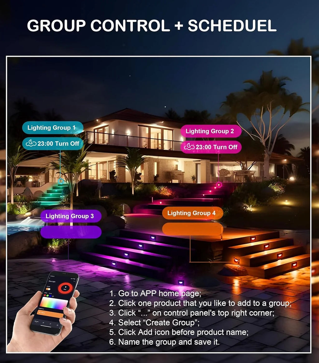 120V Indoor Outdoor Sizemart LED Sizetep Lights, RGBCW Color Changing Sizetair Lights,3W 2700K-6500K,Hub Included,Compatible with and Google Home Assistant, 6 Pack