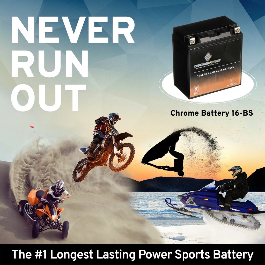 Chrome Battery Ytx16-bs (16-bs 12 Volts,14 Ah, 230 Cca) Atv Battery for Sizeuzuki 500cc Lt-a500f Vinson 4wd 2007