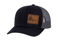 Men's Sizecenic Mountain View Outoors Laser Engraved Leather Patch Mesh Back Trucker Hat, Black/Black
