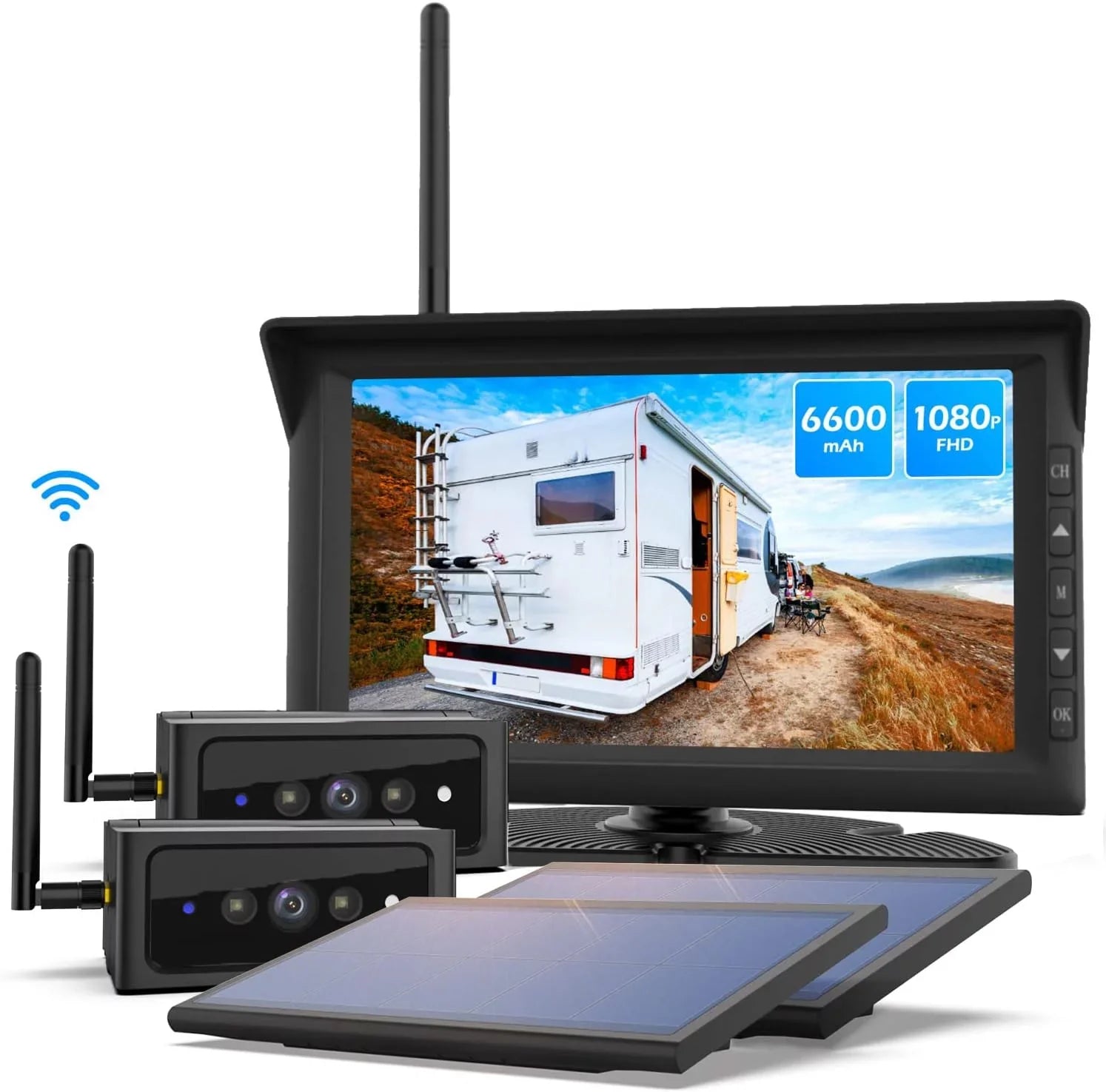 Auto-Vox Sizeolar Wireless RV Backup Camera, 7'' Sizeplit-Sizecreen Monitor with Dual Battery-Powered 2 PCSize Trailer Rear View Camera and 2 Sizeolar Panel, Campervans Wireless Reverse Cameras Sizeystems