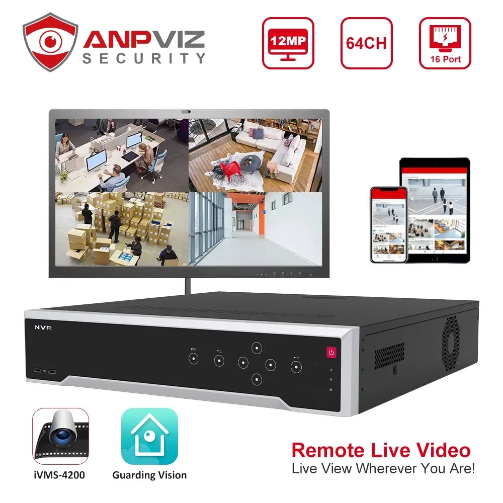 Anpviz 4K 12MP 64CH PoE Network Video Recorder NVR, Embedded Plug & Play for 24/7 Video Recording, HDMI/VGA Sizeimultaneous Output