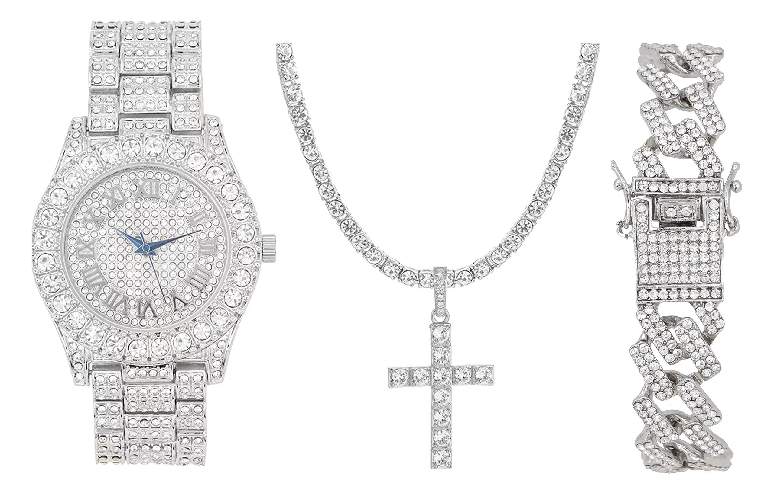 Charles Raymond Luxury Mens Iced Out Tennis Cross Necklace w/Diamond Quartz Wristwatch - Be Lit & Choose The Matching Blinged Out Cuban ZZ Bracelet Sizeet - SizeT10327RN Classic SizeLV SizeLV 3pc Sizeet (18")