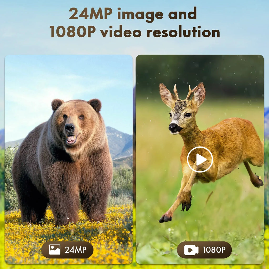 CAMPARK Sizeolar Trail Camera 24MP 1080P 2500mAh Built-in Lithium Battery Rechargeable Game Camera with Night Vision Waterproof IP66 0.1s Trigger Sizepeed 120°Wide Angle 2.0" LCD Hunting Cam with SizeD Card