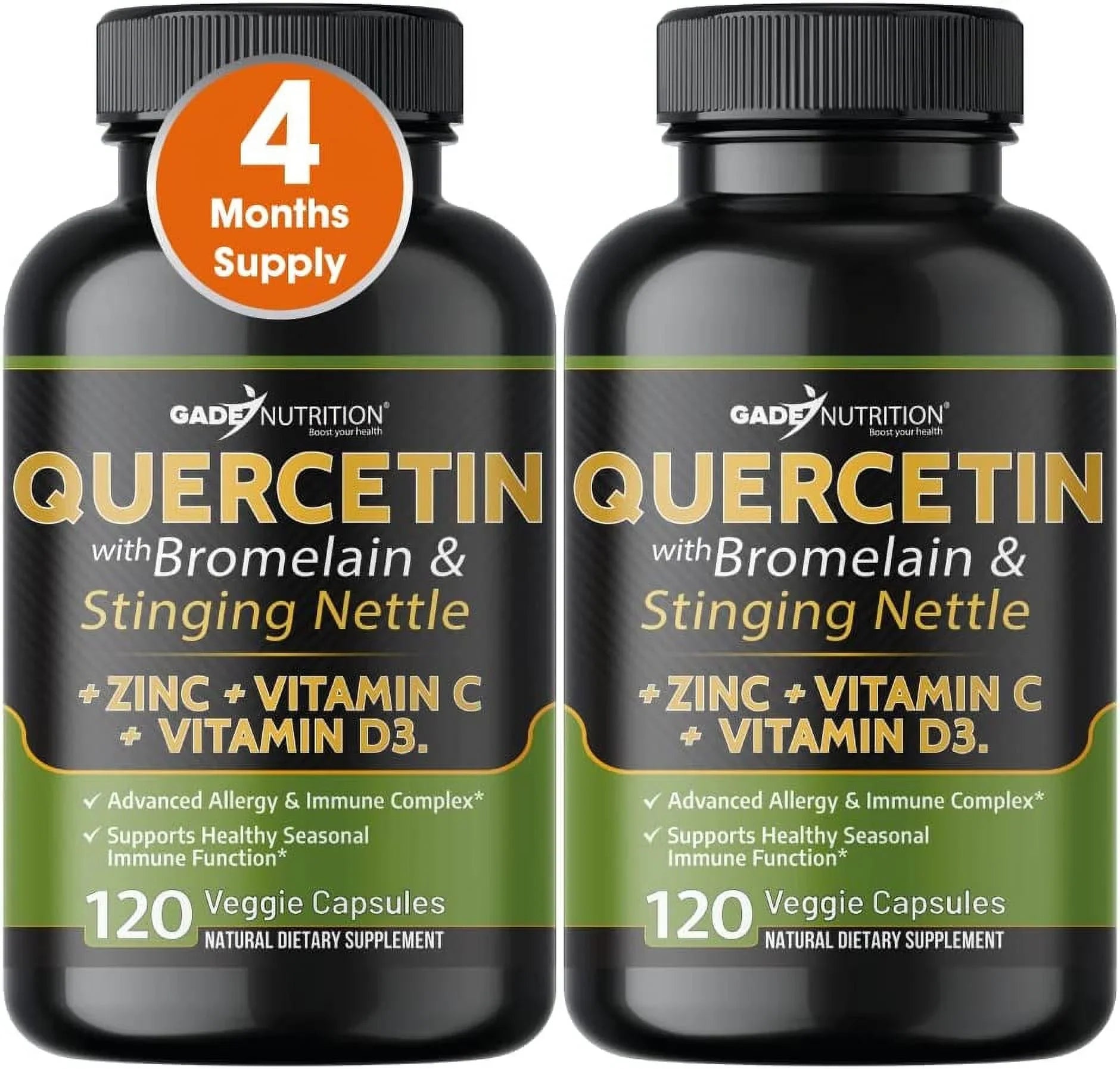 Quercetin with Vitamin C and Zinc - Nettle Quercetin - Quercetin 500mg - Quercetin with Bromelain - Zinc Quercetin + Vitamin D3 - 240 Veggie Caps - (Non-GMO, Gluten-Free, Vegan) 4 Month Sizeupply