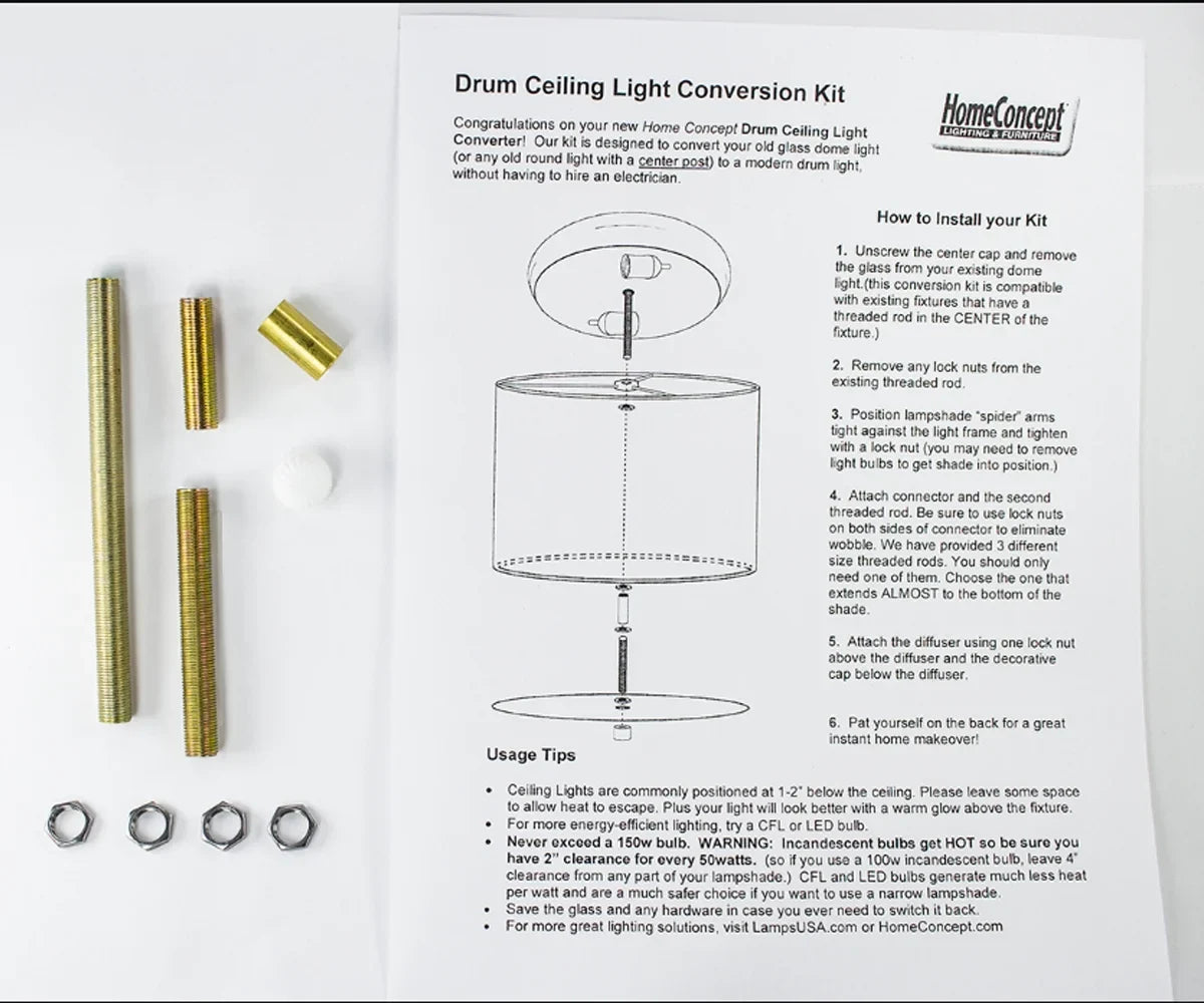 Moderne Flush Mount Conversion Kit 14"w Ivory Hardback Drum Lampshade