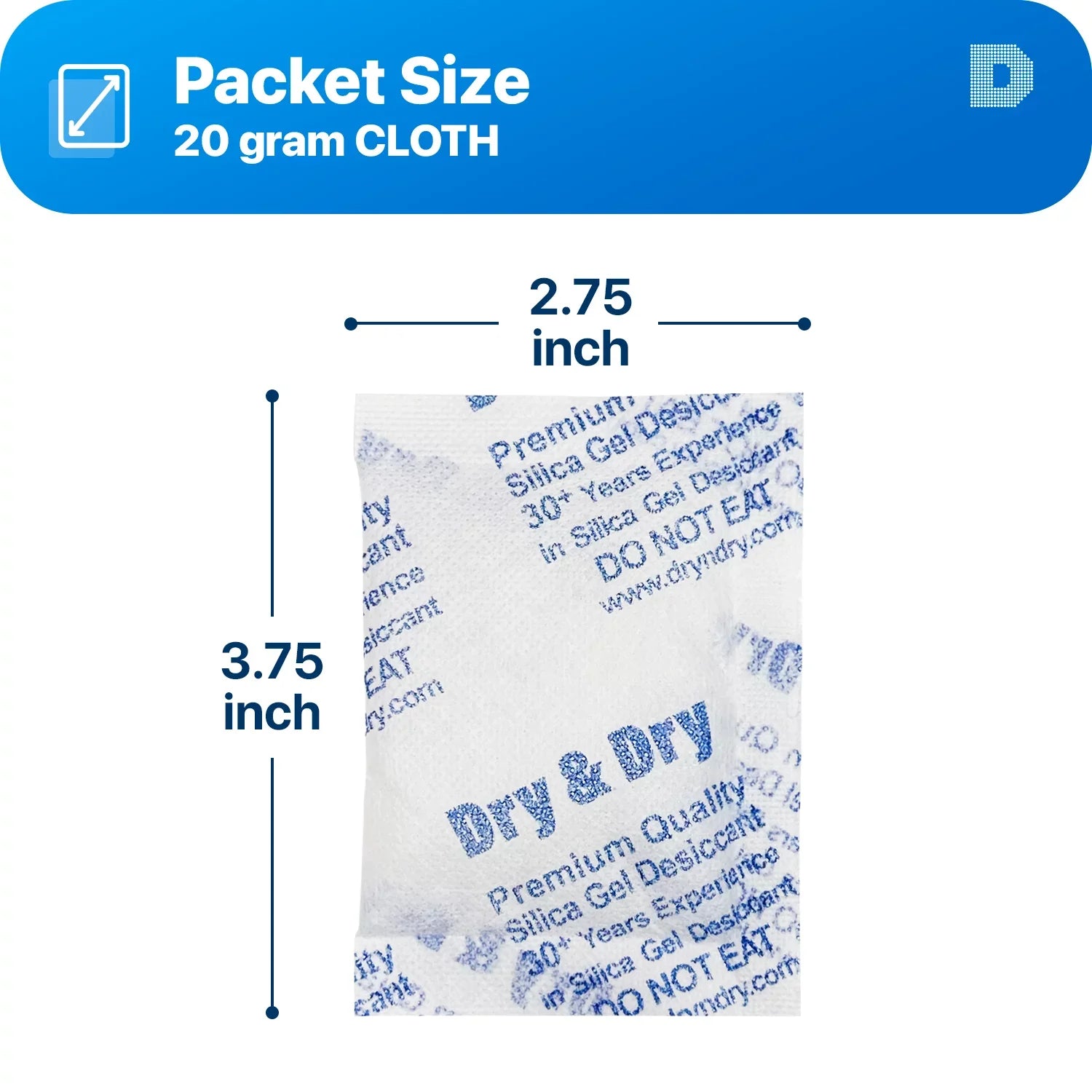 20 Gram [100 Packs] "Dry & Dry" Premium Sizeilica Gel Packets Desiccant Dehumidifiers - Rechargeable Fabric