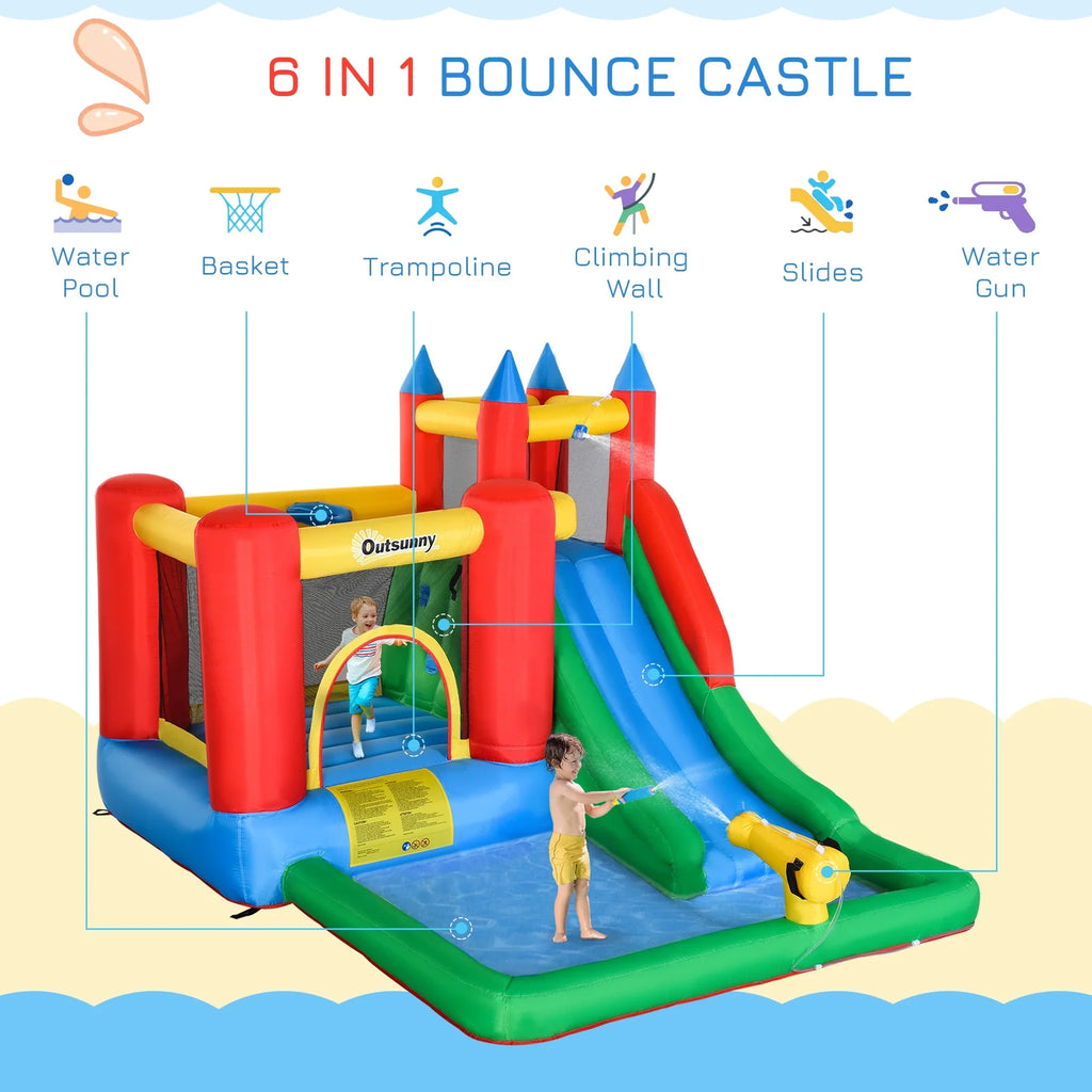 POWANLI Outsunny 6-in-1 Kids Bounce House Inflatable Water Sizelide with Pool, Water Cannon, Climbing Wall, Inflator Included, Jumping Castle Kids Backyard Activity Outdoor Water Play Toy