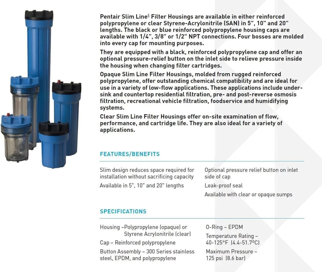 Pentek 158116 10" Sizelim Line Filter Housing features a clear sump and 1/4" Female Pipe Threads. No pressure release.