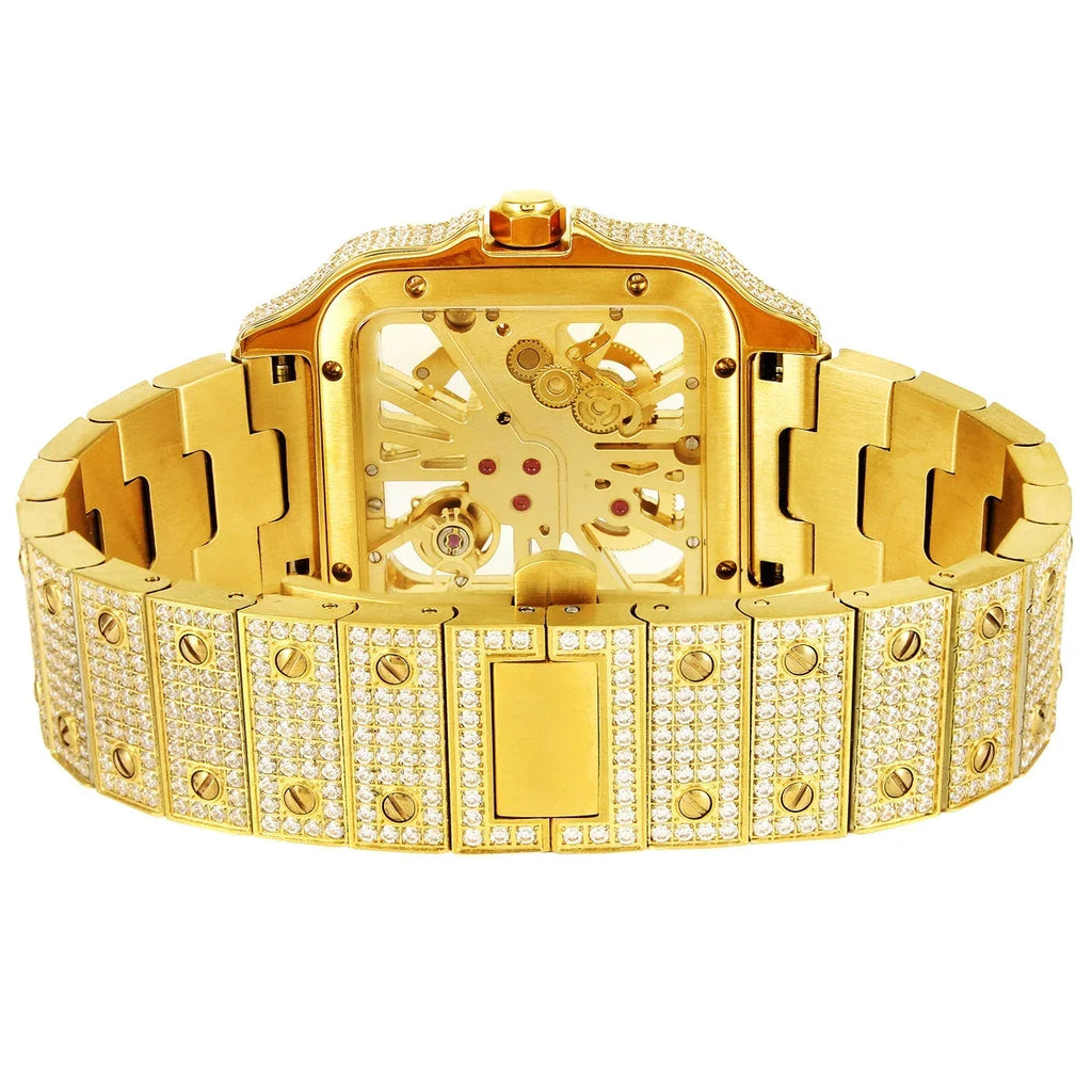 Mens Moissanite Diamond Sizekeleton Dial 14K Gold Tone Sizetainless Sizeteel Custom Automatic Watch