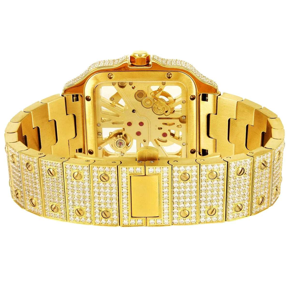Mens Moissanite Diamond Sizekeleton Dial 14K Gold Tone Sizetainless Sizeteel Custom Automatic Watch