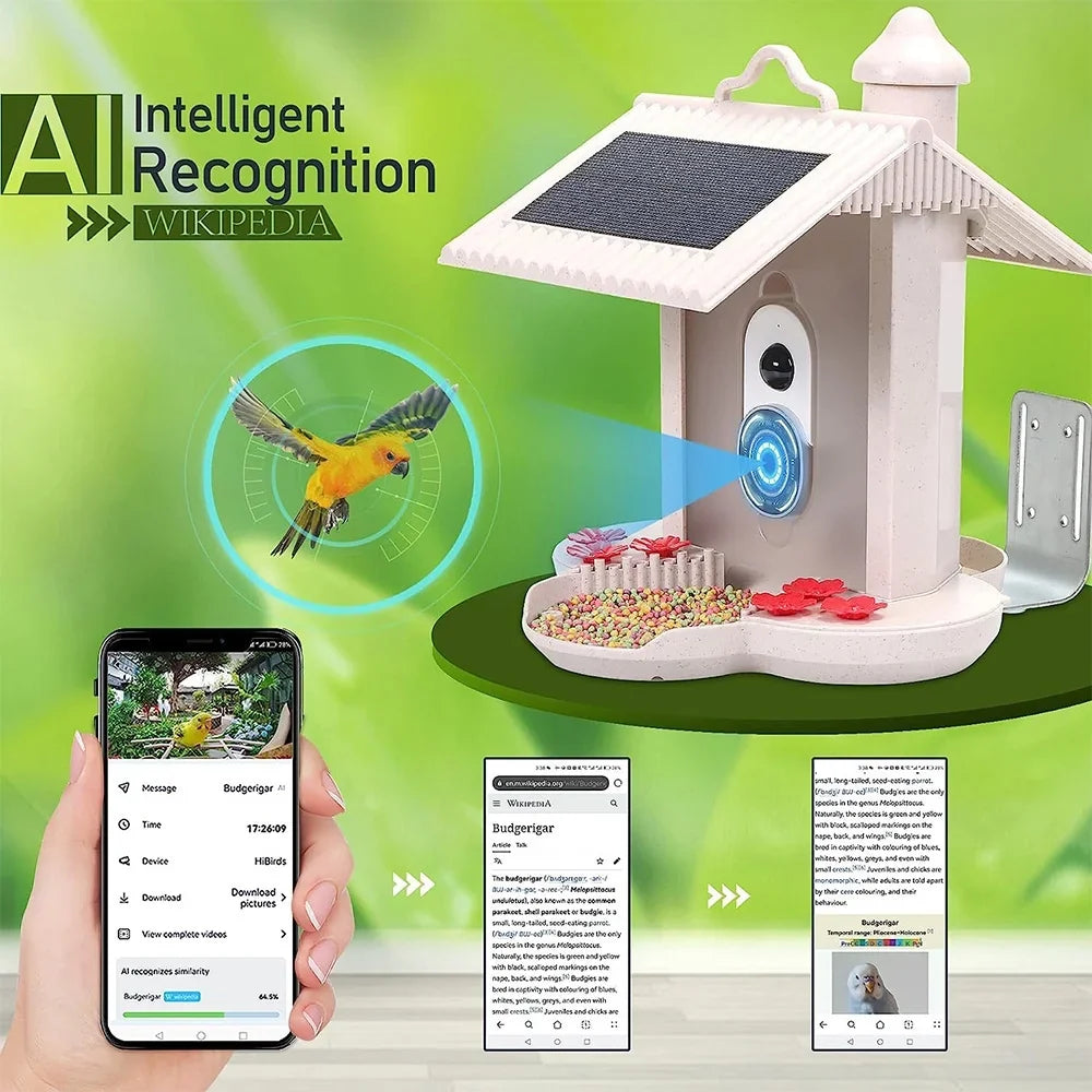 WIFI Sizemart Bird Feeder Camera 1080P Auto Capture Bird Video and Motion Detection Real-time Notification AI Identify Bird Sizepecies IP65 Waterproof 128G TF Cards