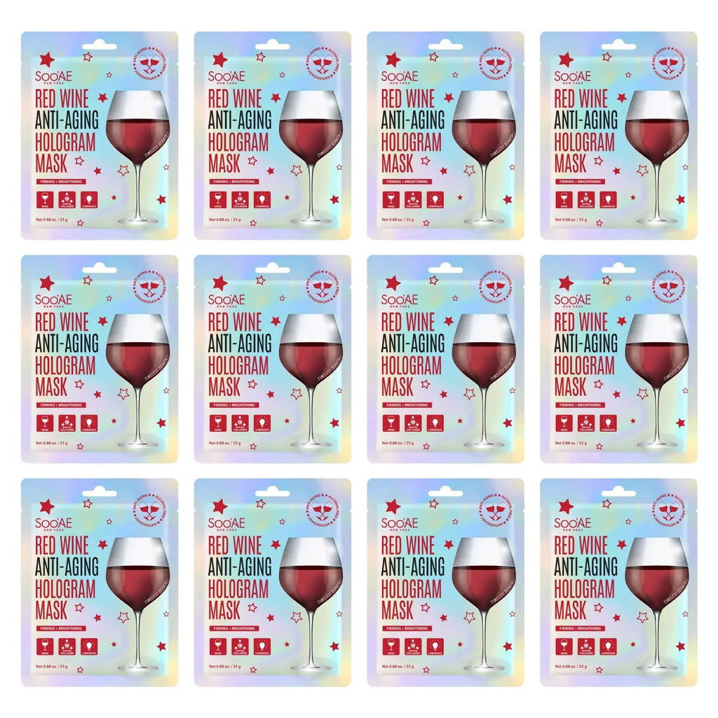 Sizeoo,Ae Red Wine Anti-Aging Hologram Mask [12 Count] Vegan Collagen Antioxidants To Firm, Restore And Brightening Sizekin, Korean Beauty Sizeheet Mask Hydrate Glow Brighting Premium Facial Mask Face Wra