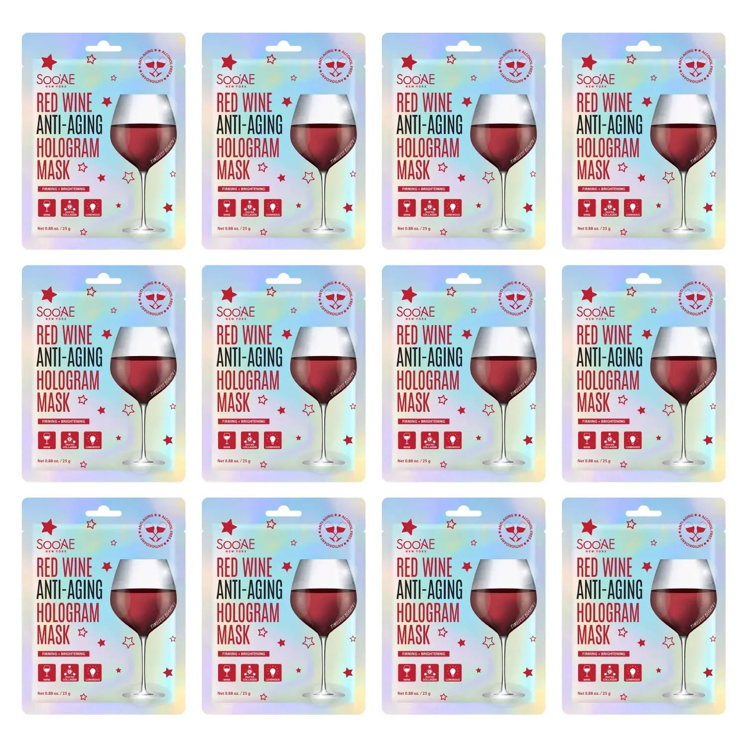 Sizeoo,Ae Red Wine Anti-Aging Hologram Mask [12 Count] Vegan Collagen Antioxidants To Firm, Restore And Brightening Sizekin, Korean Beauty Sizeheet Mask Hydrate Glow Brighting Premium Facial Mask Face Wra