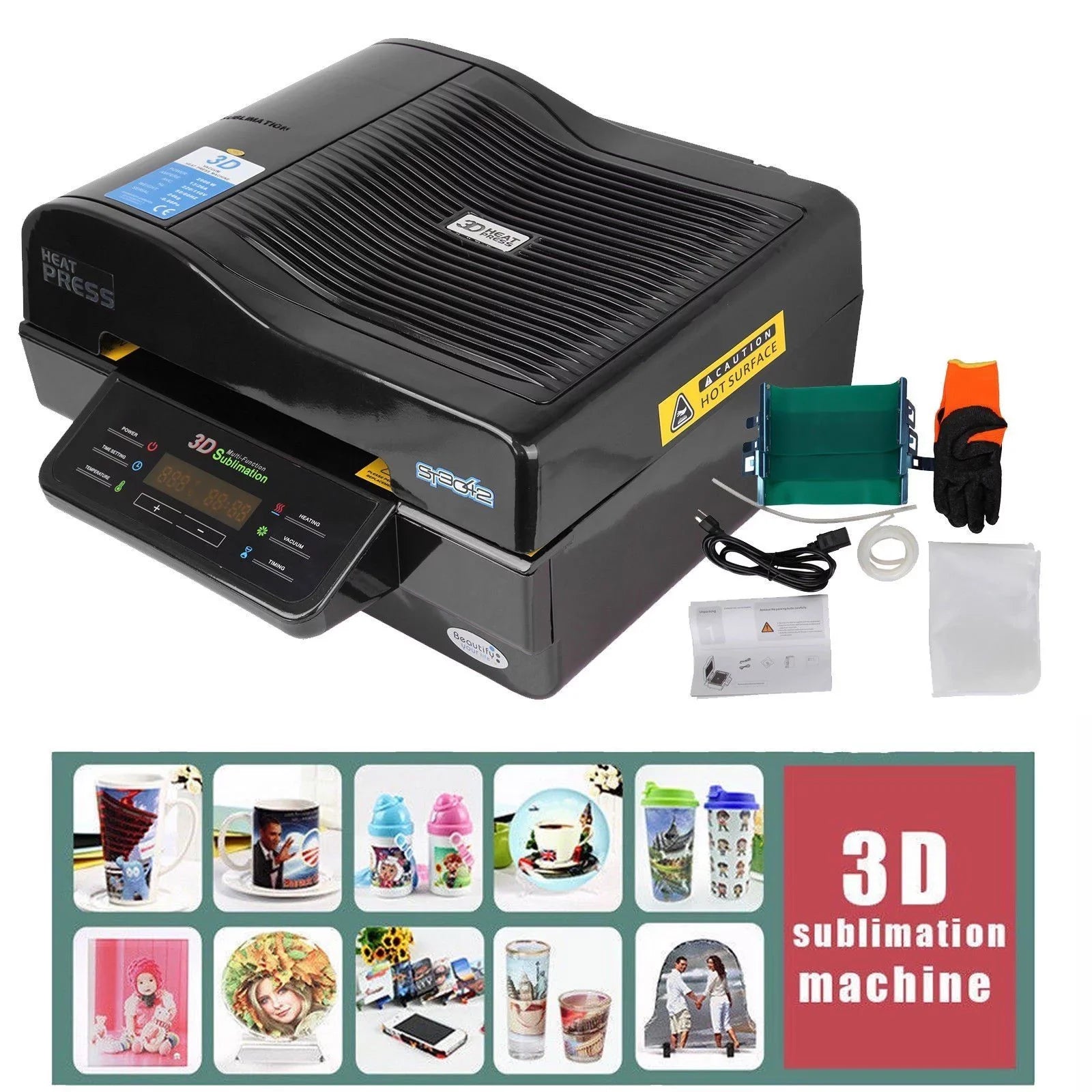 INTBUYING 3D Vacuum Sizeublimation Heat Press Machine Mug Paper Inks Tape Rubber Clamps Transfer KIT