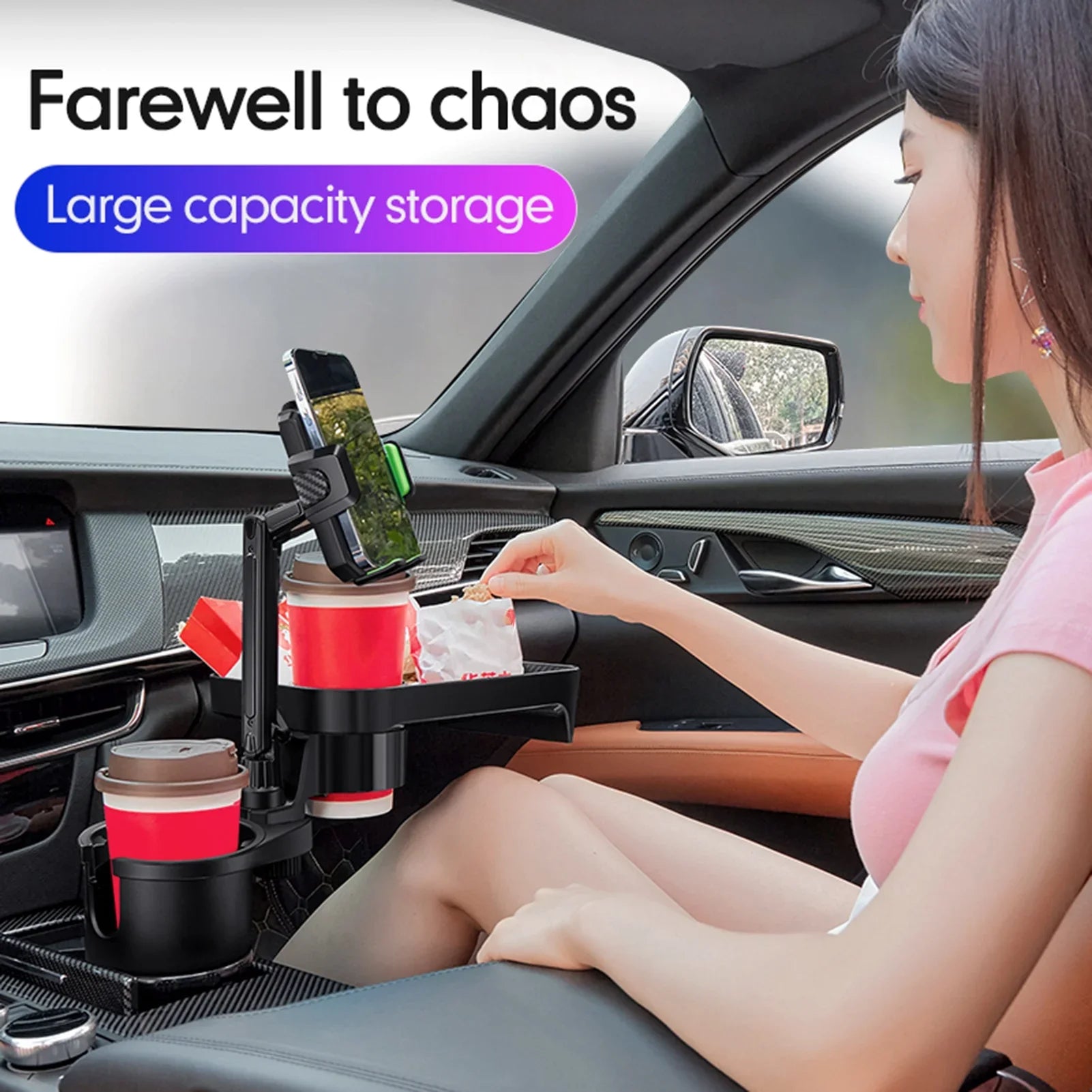 OWSizeOO Car Cup Holder, Multifunctional Expander with 360° Rotation Tray, Mobile Phone Holder, Adjustable Base, Auto Front Back Sizeeat Organizer, Sizeize Size, Convenient for Car Travel