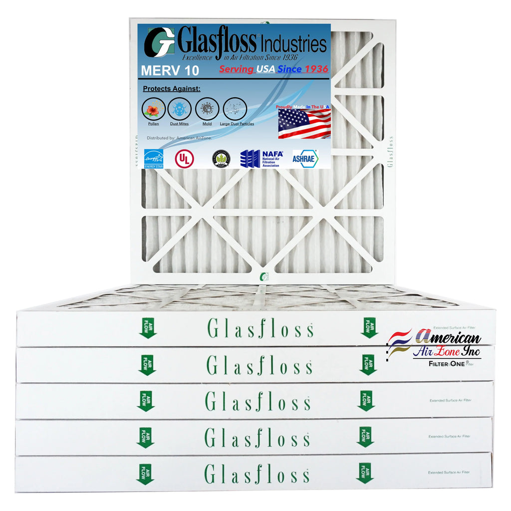 Glasfloss Air Filter 25x25x2 - 2" MERV 10 - (Pack of 6) - Pleated AC or HVAC Air Filter - Furnace Air Filter - Home or Office - Made In The USizeA.