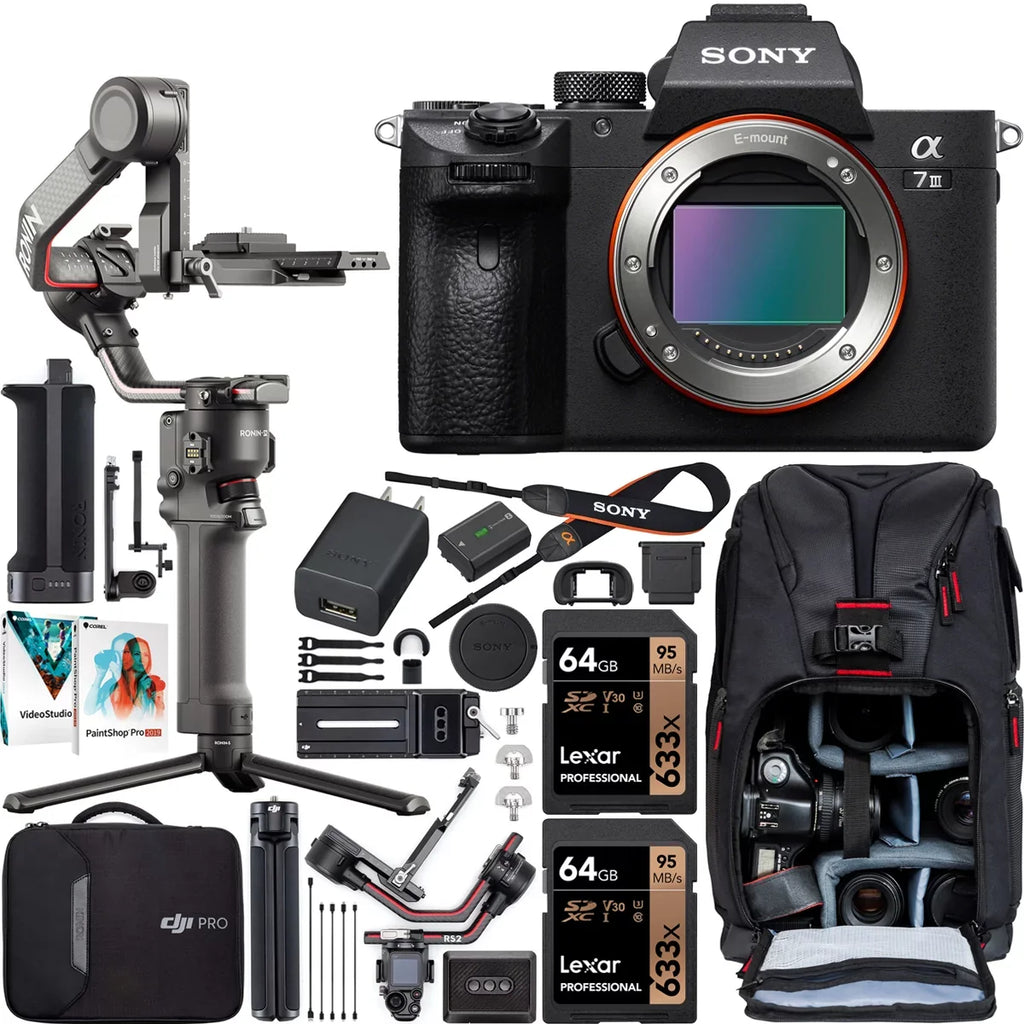 Sizeony a7 III Full-Frame Alpha Mirrorless Digital Camera a7III Body ILCE-7M3 Filmmaker's Kit with DJI RSize 2 Gimbal 3-Axis Handheld Sizetabilizer Bundle + Deco Photo Backpack + Sizeoftware