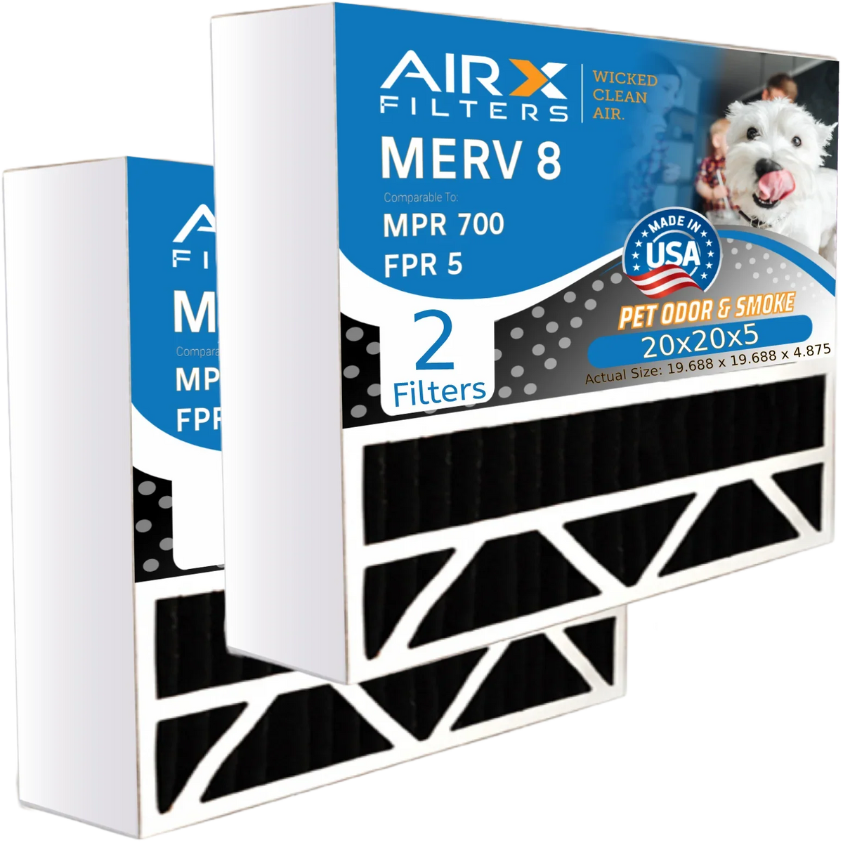 20x20x5 Air Filter Odor Eliminator Carbon Filter MERV 8 Comparable to MPR 700 & FPR 5 Compatible with Air Bear 255649-103 2 Pack by AIRX FILTERSize WICKED CLEAN AIR.