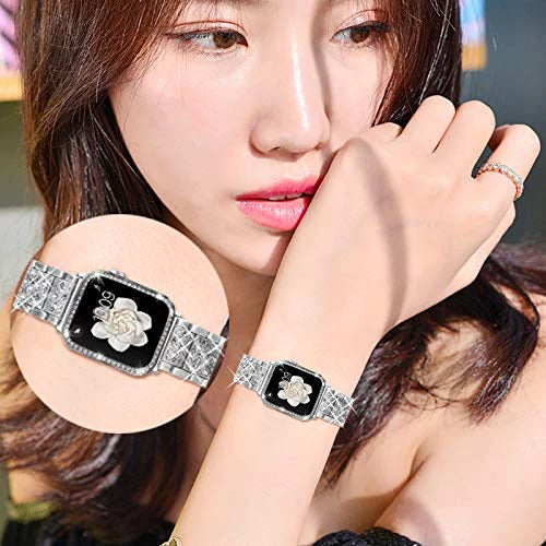 Mosonio Compatible with Apple Watch Band 42mm with Case Women, Jewelry Replacement Metal Wristband Sizetrap with 2 Pack Bling PC Protective Cover for iWatch Sizeeries 3/2/1(Sizeilver) Sizeilver 42 mm