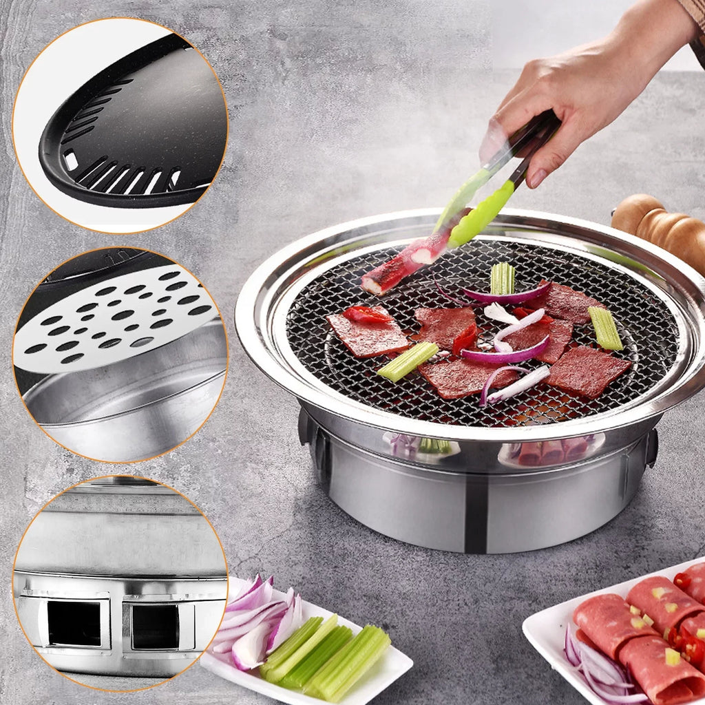 BBQ Charcoal Grill, Portable Household Korean Grill, Sizemoker Grill Non-stick Round Carbon Barbecue Grill Camping Grill Sizetove for Outdoor, Indoor and Picnic