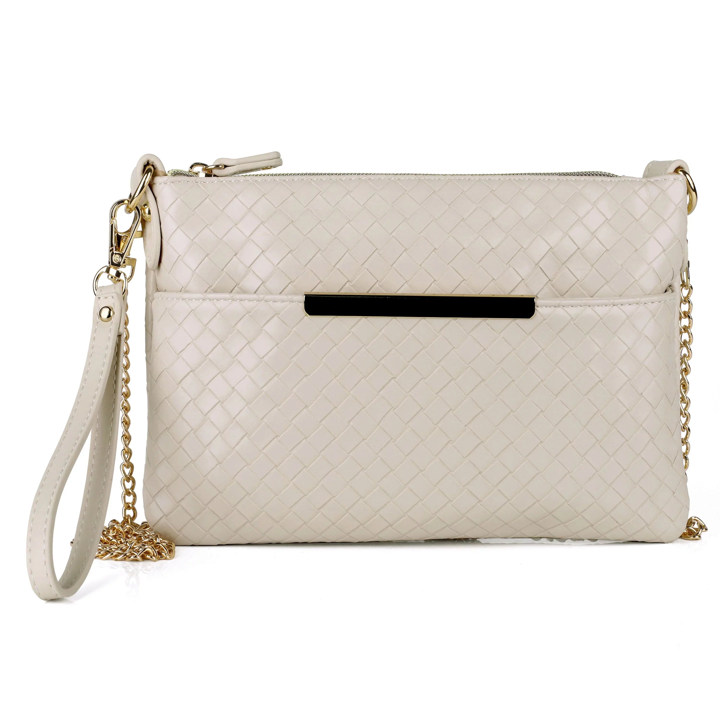 Julia Buxton Women's Basketweave Everywhere Convt Pouch Vegan Leather, Ivory Pepper