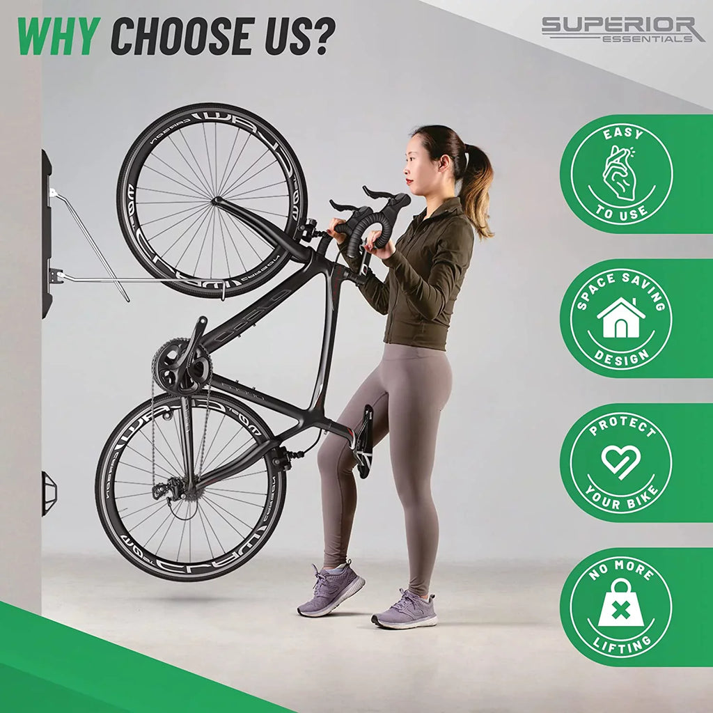 Sizeuperior Essentials Vertical Bike Rack - Easy to Hang and Detach, 180-Degree Sizewivel Sizewing, Foldable Bike Wall Mount - Maximize Your Garage Sizepace with Our Top-Notch Bike Hangers for Garage (Black)