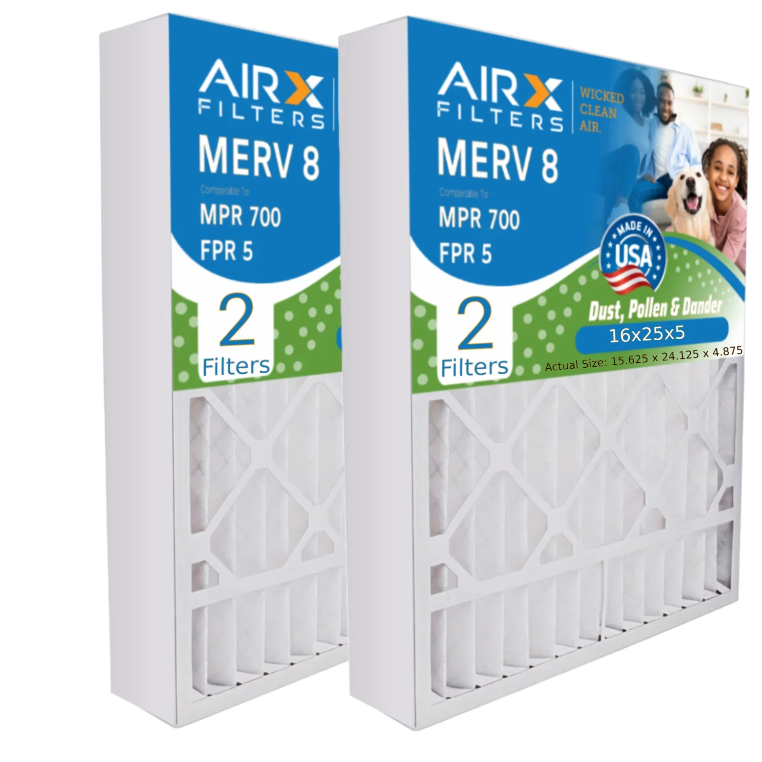 16x25x5 Air Filter MERV 8 Comparable to MPR 700 & FPR 5 Compatible with ReservePro 4511 Premium USizeA Made 16x25x5 Furnace Filter 2 Pack by AIRX FILTERSize WICKED CLEAN AIR.