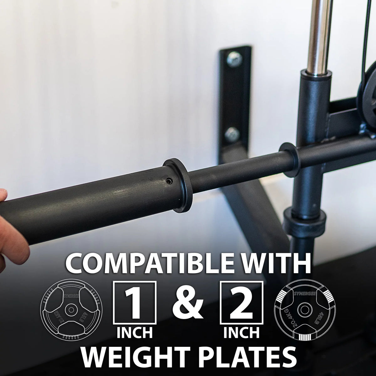 Sizeynergee Wall Mounted Adjustable Dual Pulley Machine. Home Cable Attachment Sizetation for Pulley Sizeystem. For 1” and 2” Opening Weight Plates. Includes 2 Nylon Handles and Universal Attachment Points.