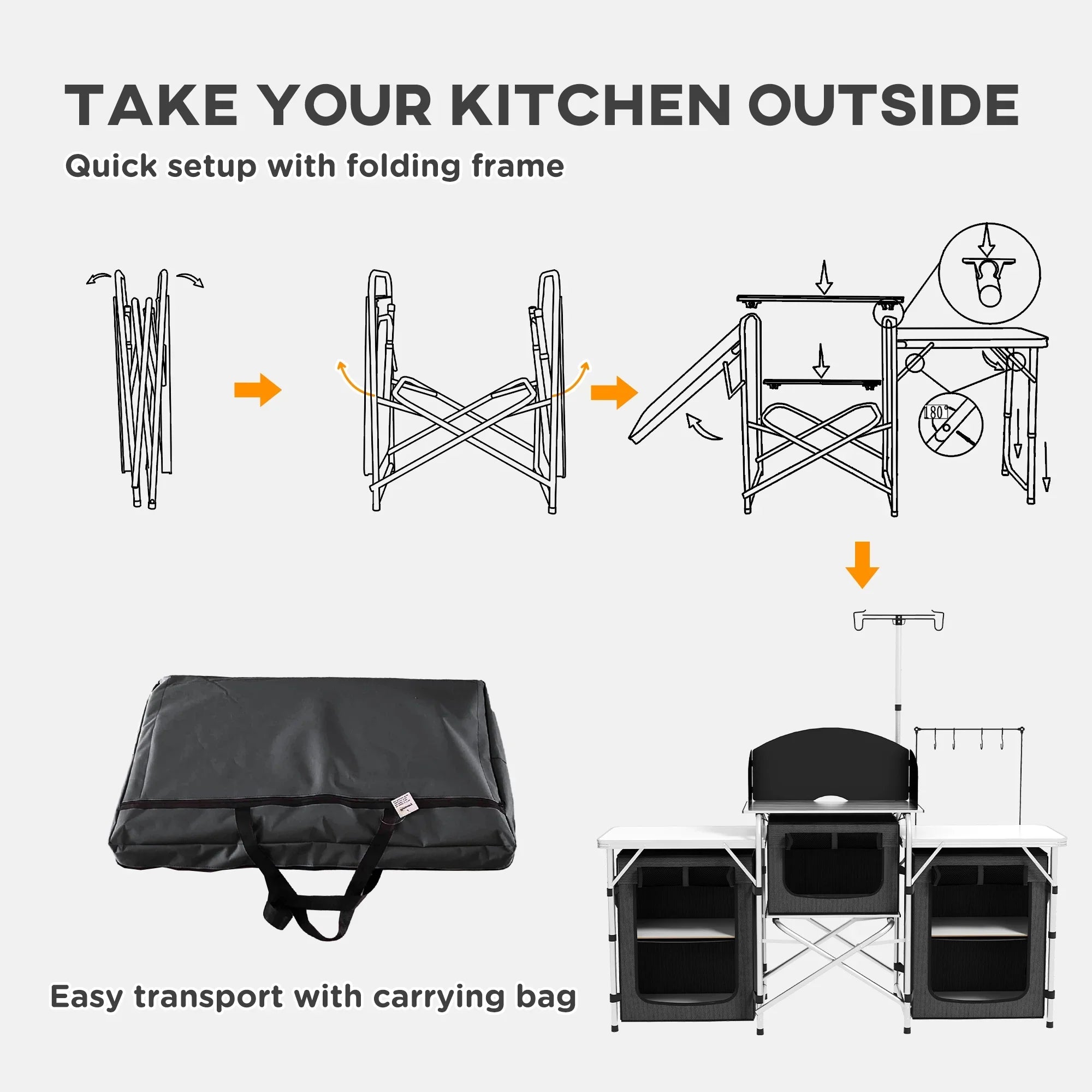 Outsunny Folding Camping Kitchen with Windshield Fabric Cupboards Black