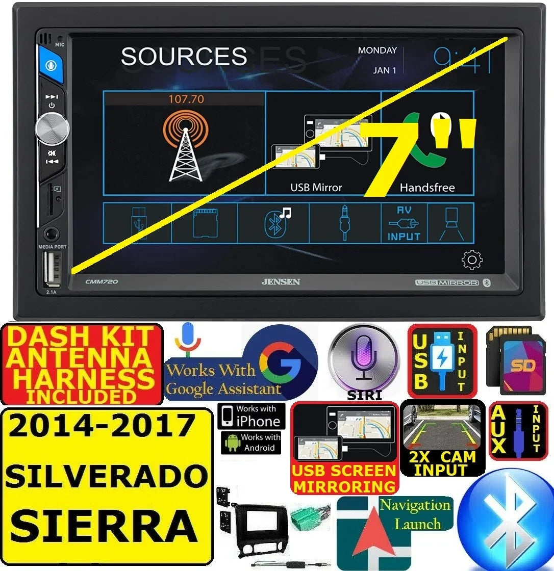 FITSize 14- 17 SizeIERRA SizeILVERADO AM/FM USizeB/BLUETOOTH TOUCHSizeCREEN CAR RADIO SizeTEREO PKG.  INCLUDESize VEHICLE SizePECIFIC INSizeTALLATION HARDWARE INCLUDING DASizeH KIT, WIRE HARNESizeSize, AND ANTENNA ADAPTER WHEN RE