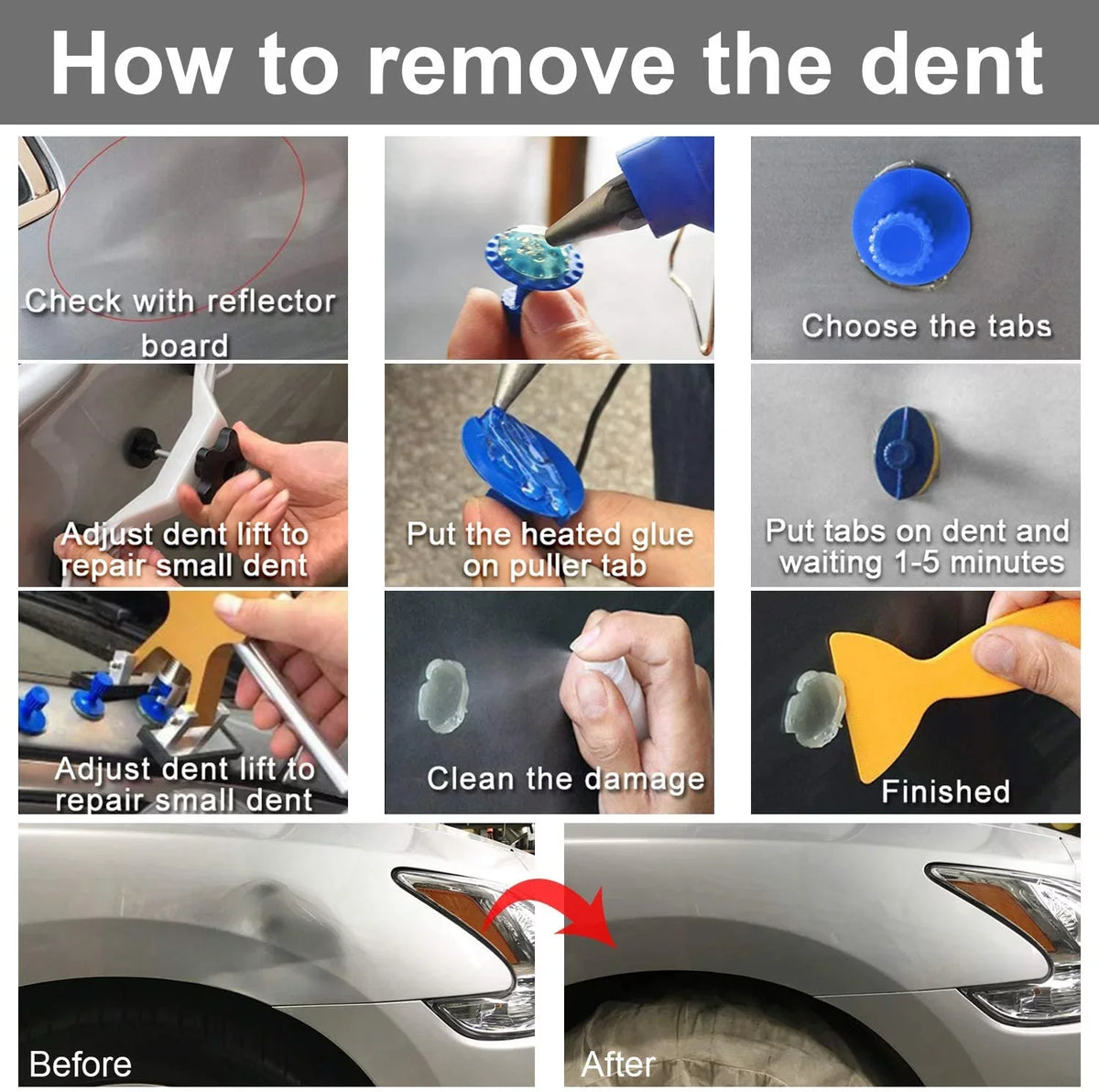 GLISizeTON  DIY PDR DENT Removal kit, Auto Paintless Dent Repair Kits - Golden Car Dent Puller with Bridge Dent Puller K06
