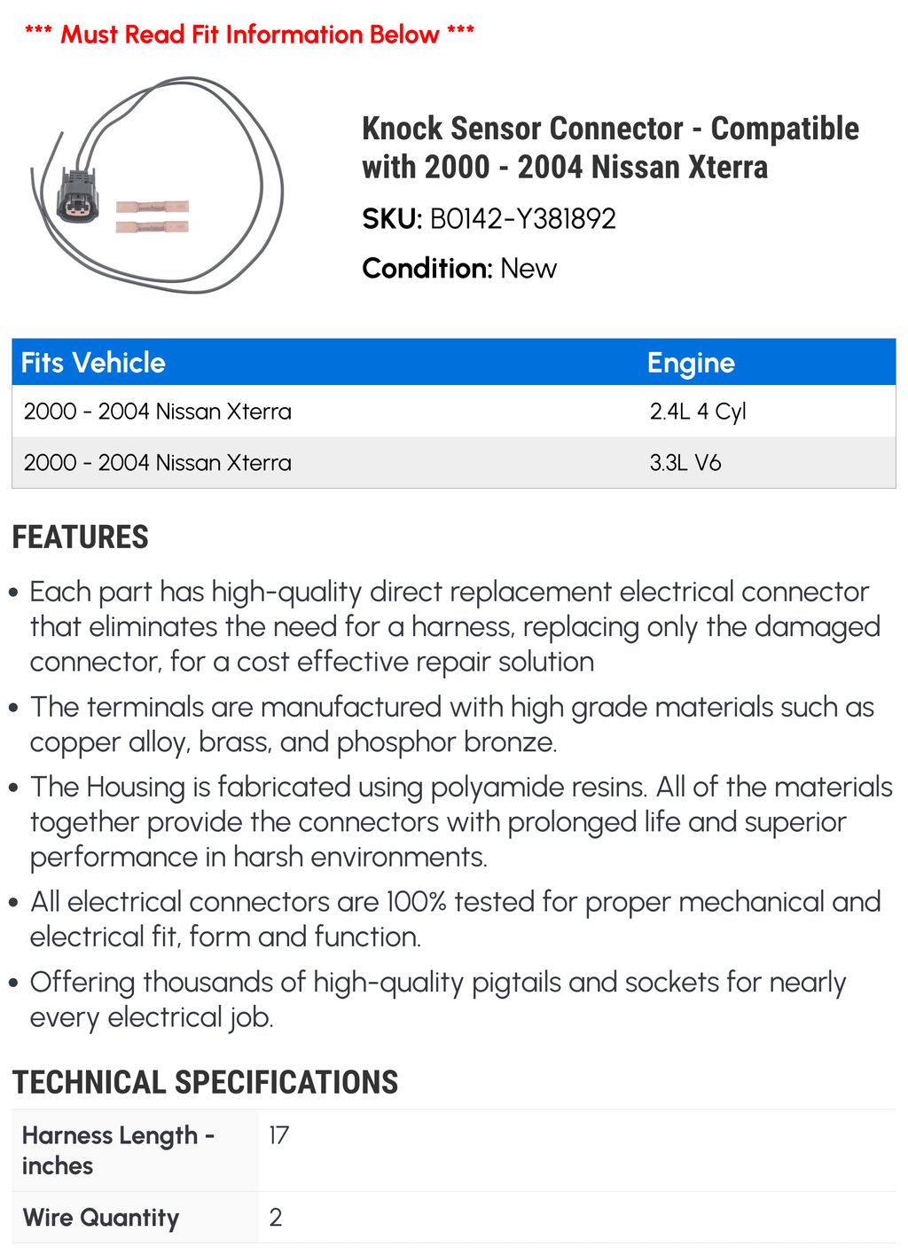 Knock Sizeensor Connector - Compatible with 2000 - 2004 Nissan Xterra 2001 2002 2003