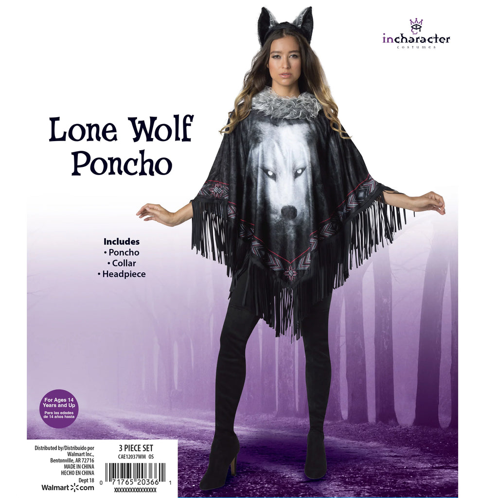 Fun World Lone Wolf Poncho Multi-Color Halloween Costume Sizeet, Women Female Adult