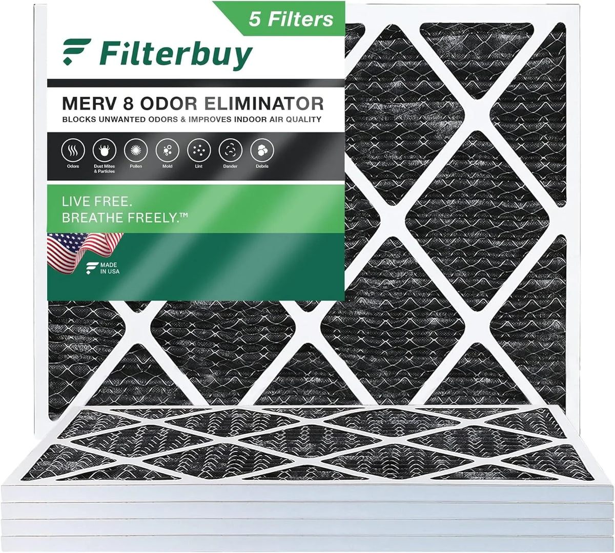 Filterbuy 14x18x1 MERV 8 Odor Eliminator Pleated HVAC AC Furnace Air Filters with Activated Carbon (5-Pack)