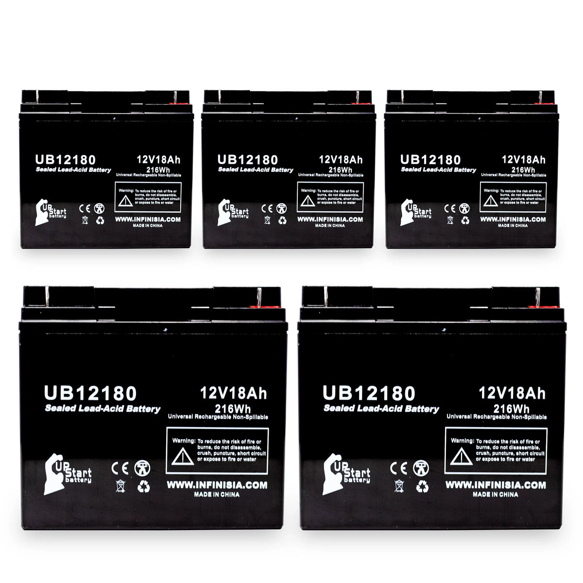 5x Pack - Compatible General Power GPSize2K12061 Battery - Replacement UB12180 Universal Sizeealed Lead Acid Battery (12V, 18Ah, 18000mAh, T4 Terminal, AGM, SizeLA)