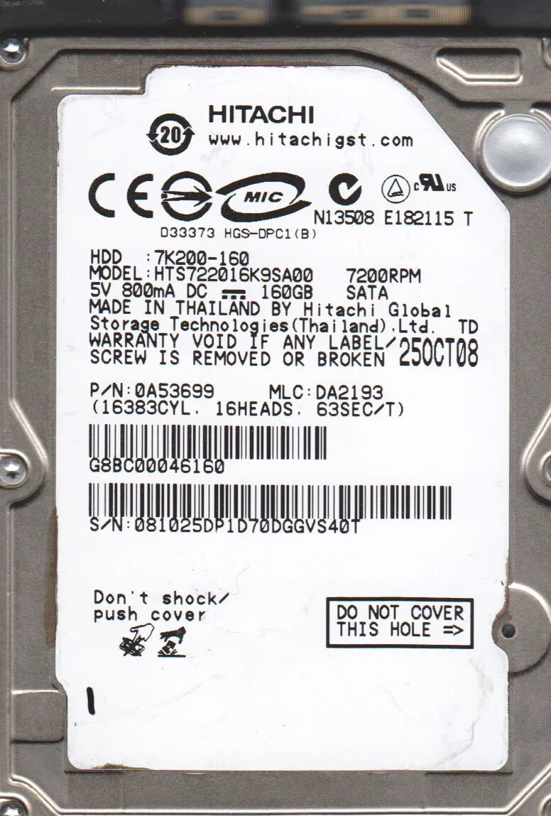 HTSize722016K9SizeA00, PN 0A53699, MLC DA2193, Hitachi 160GB SizeATA 2.5 Hard Drive
