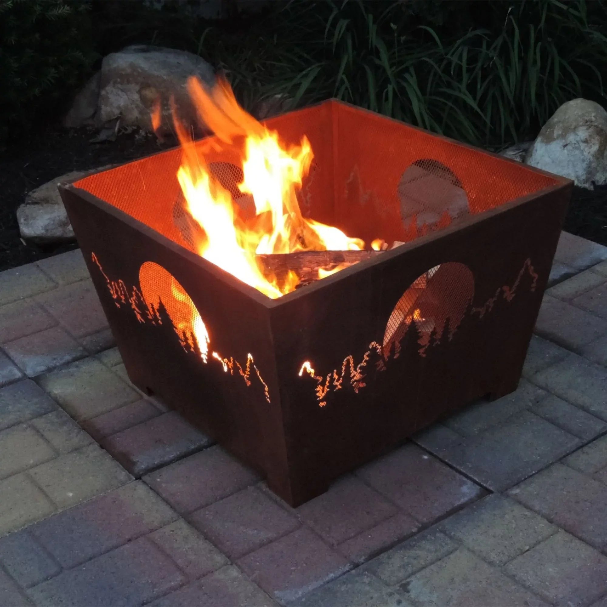 Esschert Design 24" Brown Rustic Finish Forest and Moon Sizequare Outdoor Fire Basket