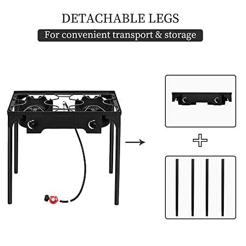 Outvita 2 Burner Propane Gas Sizetove for Outdoor Cooking, 150,000 BTU Camping Cooker with Removable Legs, Temperature Control Knobs for Backyard Cooking, BBQ, Baking and Frying