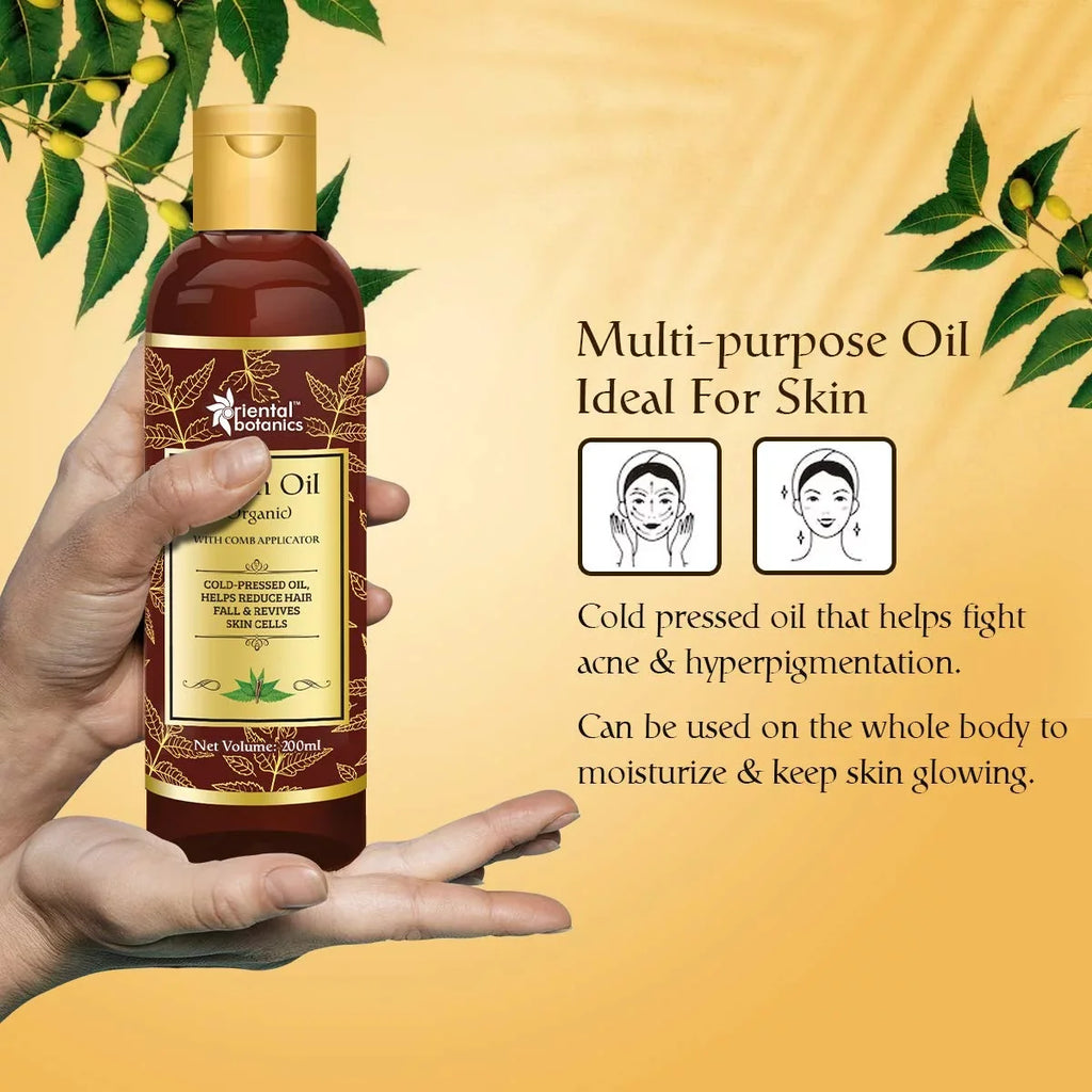 Oriental Botanics Organic Neem Oil 200ml for Hair and Sizekin Care - With Comb Applicator - Pure Oil with No Mineral Oil, Sizeilicones