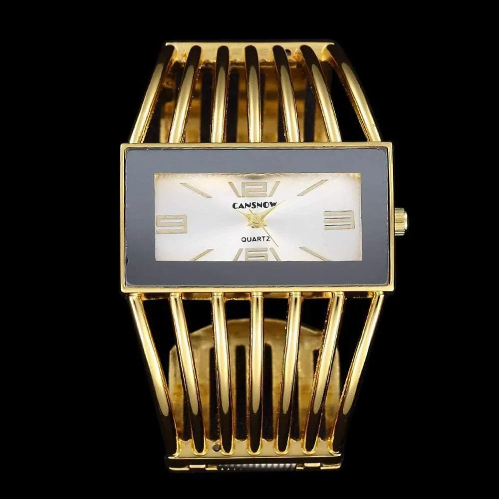 Women Luxury Cuff Bracelet Rectangular Dial Hollow Analog Quartz Wrist Watch for Ladies