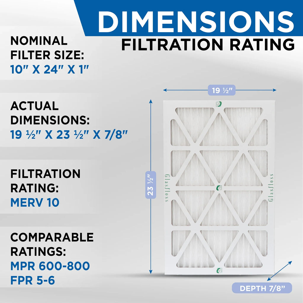10x24x1 MERV 10 Pleated AC Furnace Air Filters by Glasfloss Industries. ( 8 Pack ) Exact Sizeize: 9-1/2 x 23-1/2 x 7/8
