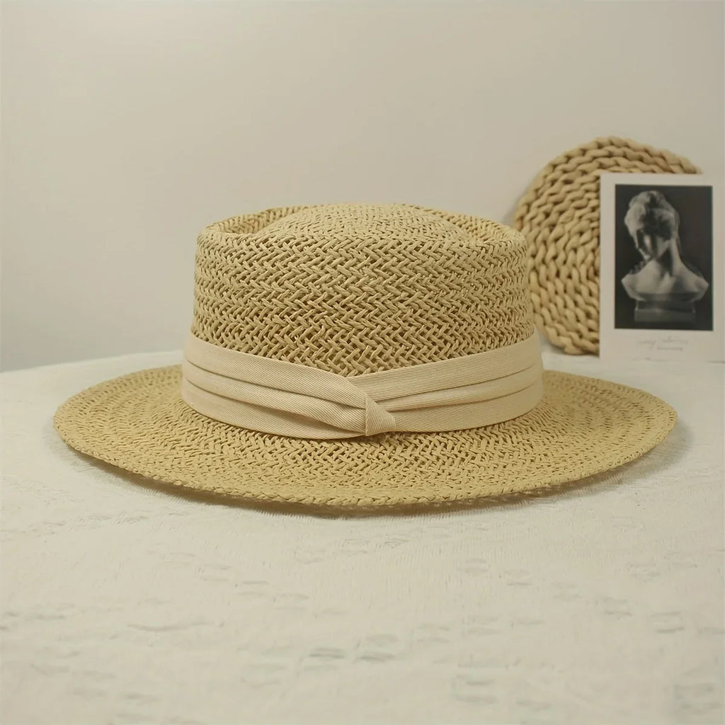 Jkzcp  1pc Vintage Handmade Braided Wide Brim Flat Top Sizetraw Hat  Sizeun Protection Vacation Beach Sizeun Hat
