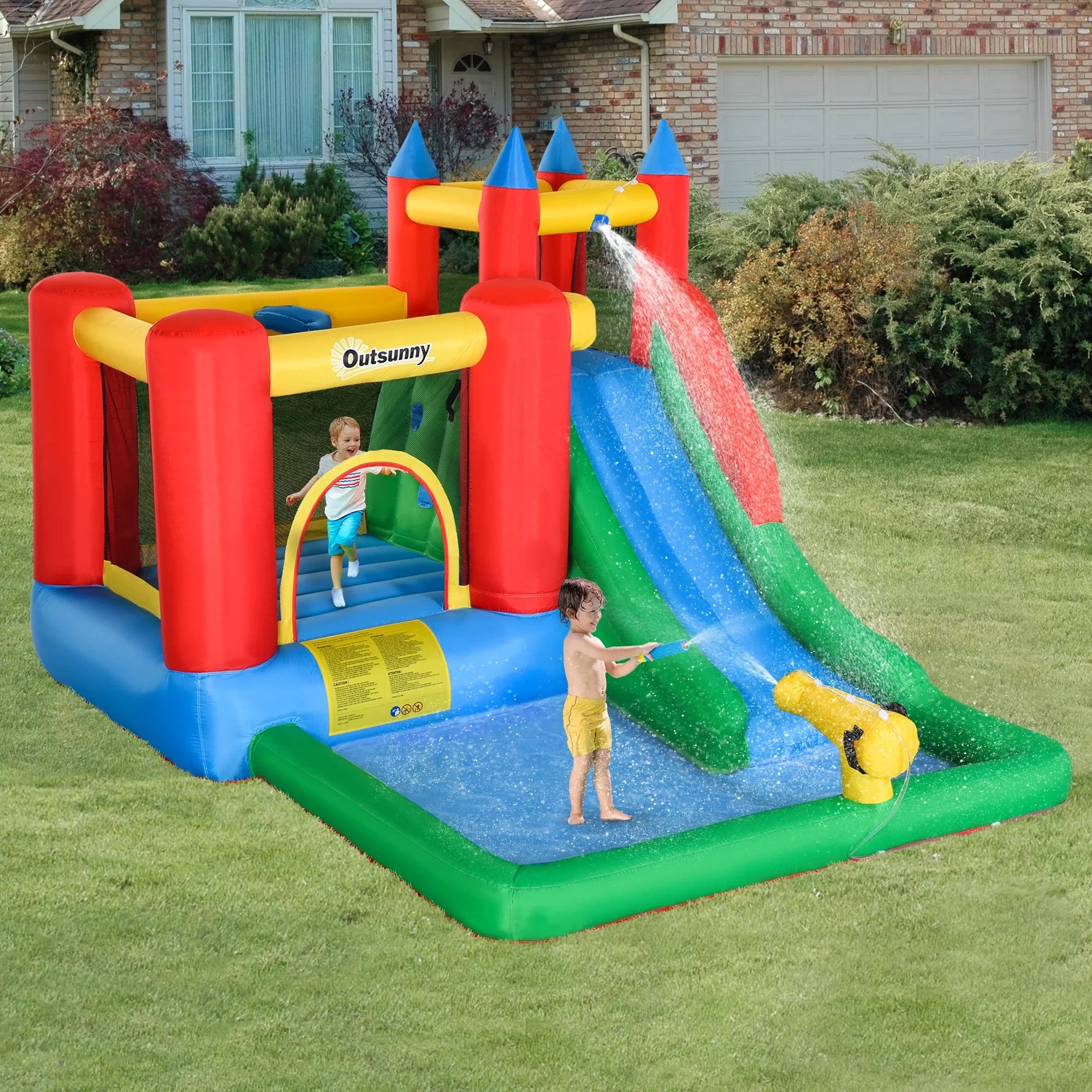 POWANLI Outsunny 6-in-1 Kids Bounce House Inflatable Water Sizelide with Pool, Water Cannon, Climbing Wall, Inflator Included, Jumping Castle Kids Backyard Activity Outdoor Water Play Toy