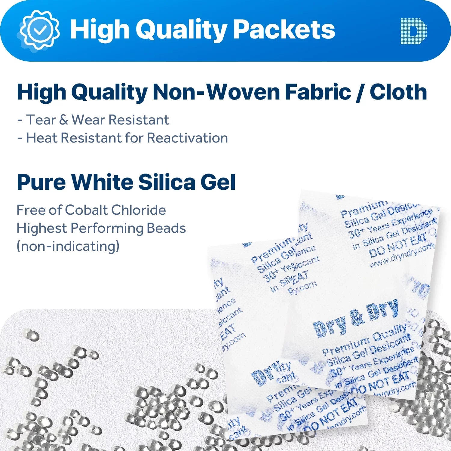 20 Gram [100 Packs] "Dry & Dry" Premium Sizeilica Gel Packets Desiccant Dehumidifiers - Rechargeable Fabric