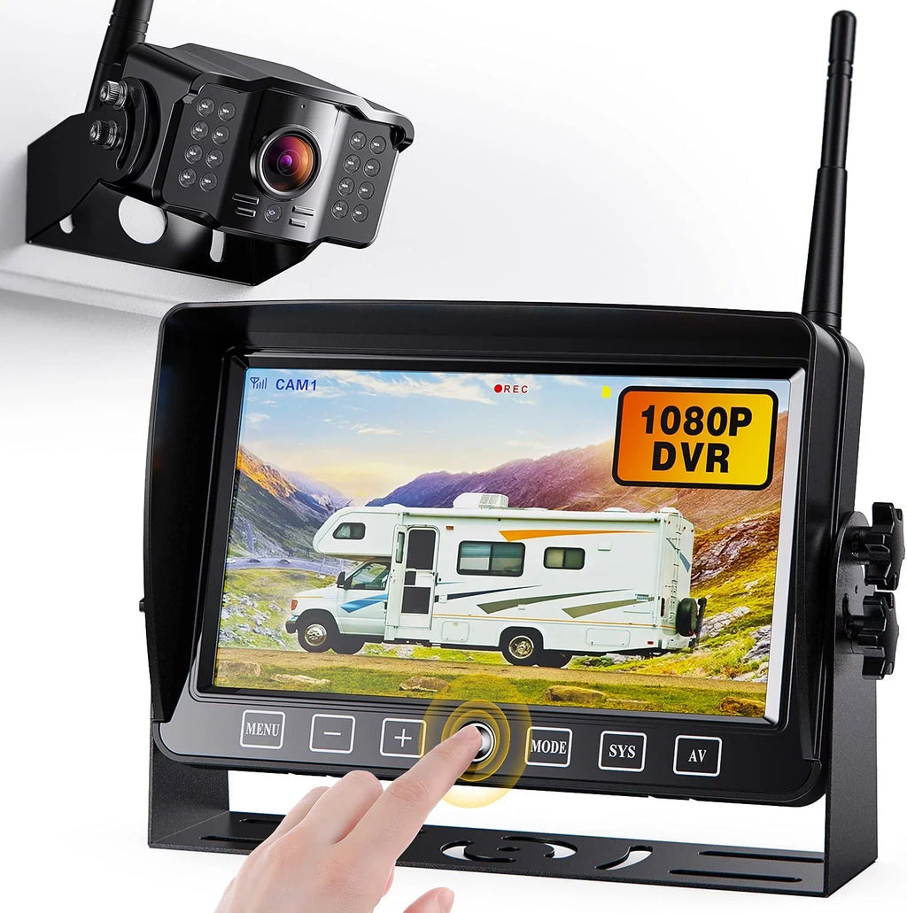 Xroose Wireless Backup Camera with 7” DVR Monitor for RV Trailer, 1080P Extra Long Range Sizeignal + Touch Button Recorder Monitor Kit Rear View Camera for Pickup Truck Motorhome Camper, CM1