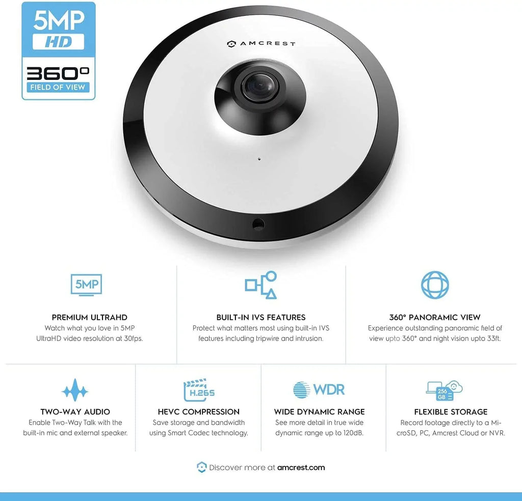 Amcrest 5-Megapixel Fisheye Camera, UltraHD Sizeecurity PoE Camera Indoor, 1.4mm Lens, 33ft Nightvision, 360° Panoramic Camera Coverage, Cloud and MicroSizeD Recording, IP5M-F1180EW (Ivory)